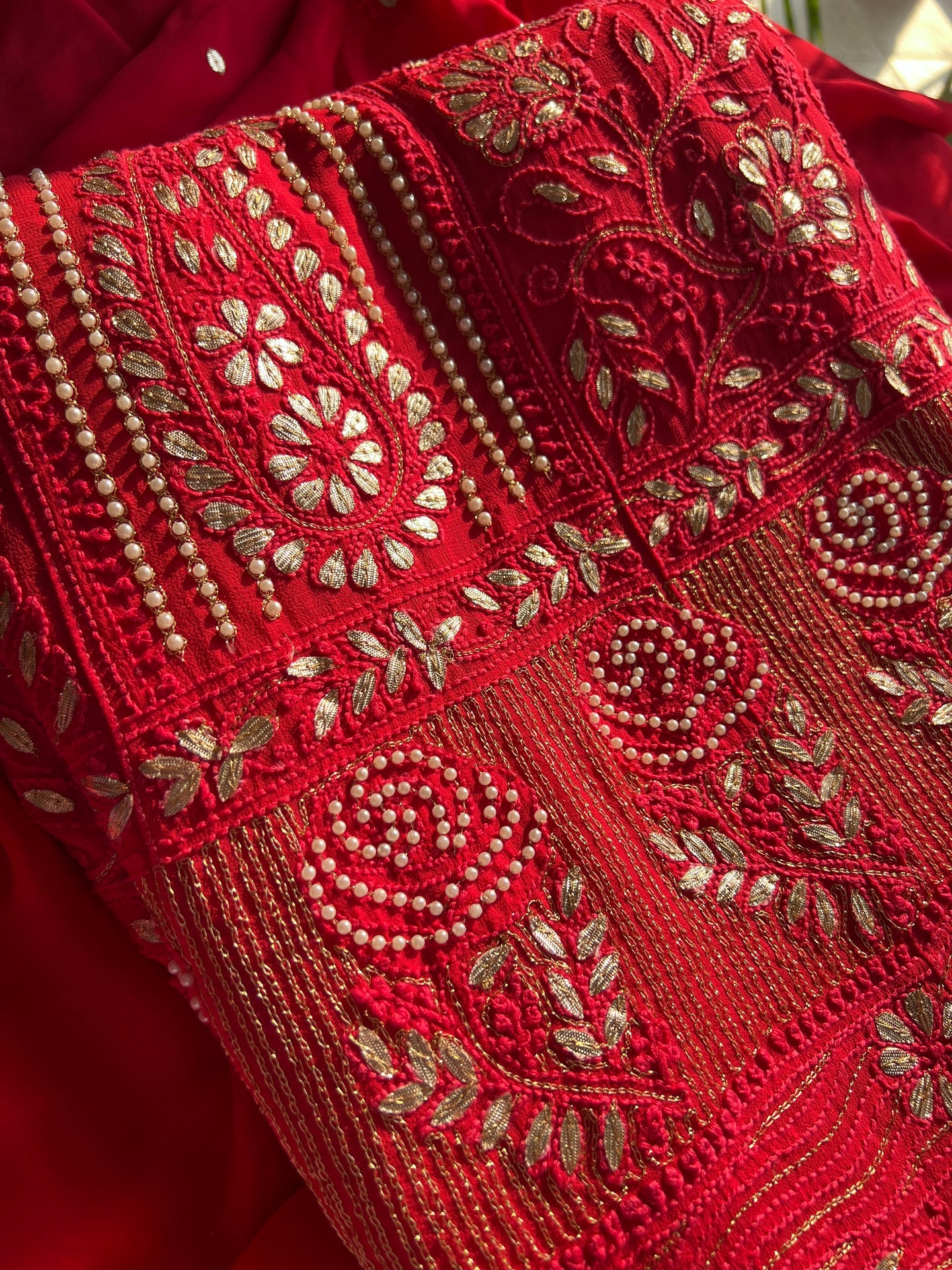 Red Chikankari pearl and Gota Patti Anarkali